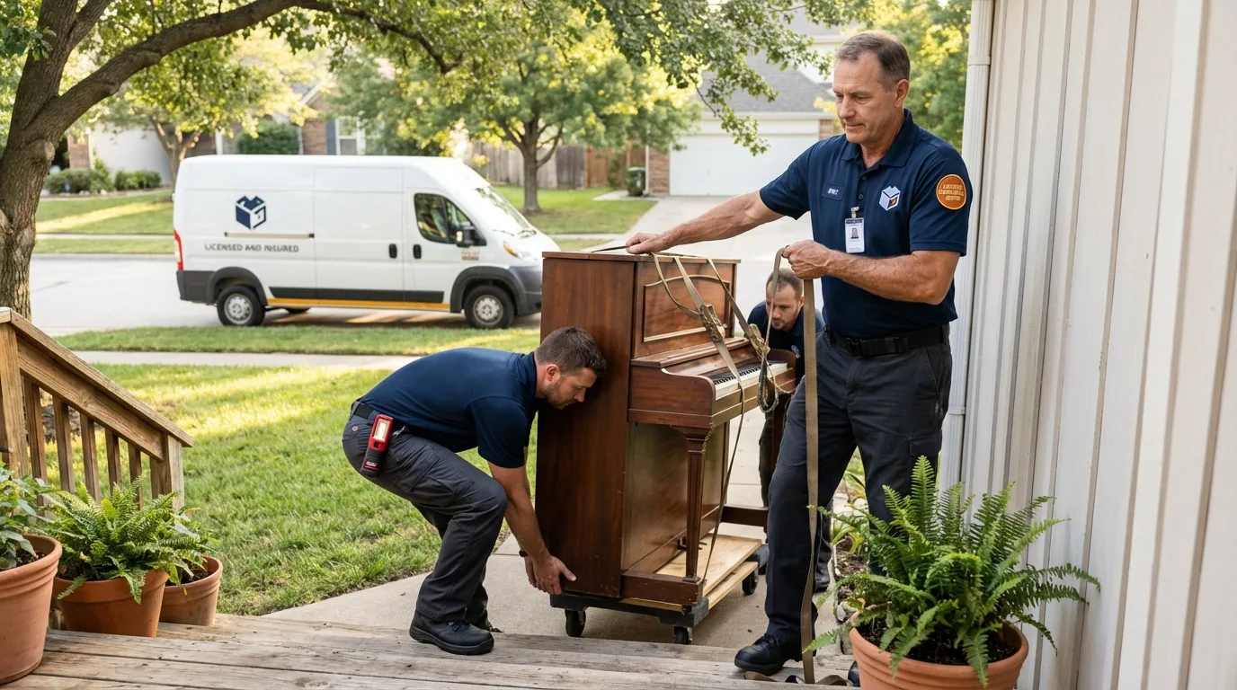 Licensed piano movers securing grand piano in Kitty Hawk, NC