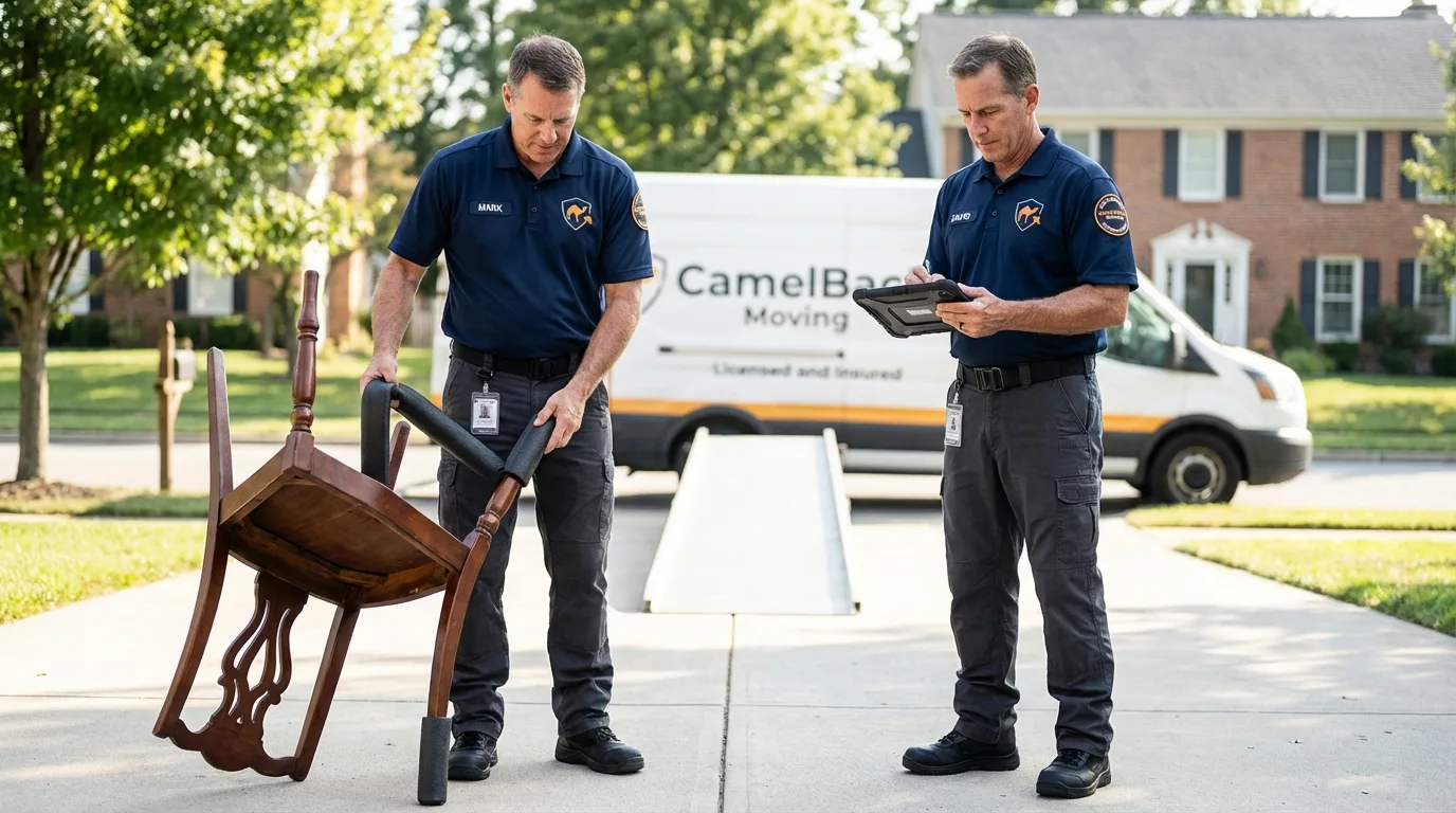 Movers inspecting furniture for damage prevention before loading in Kitty Hawk, NC
