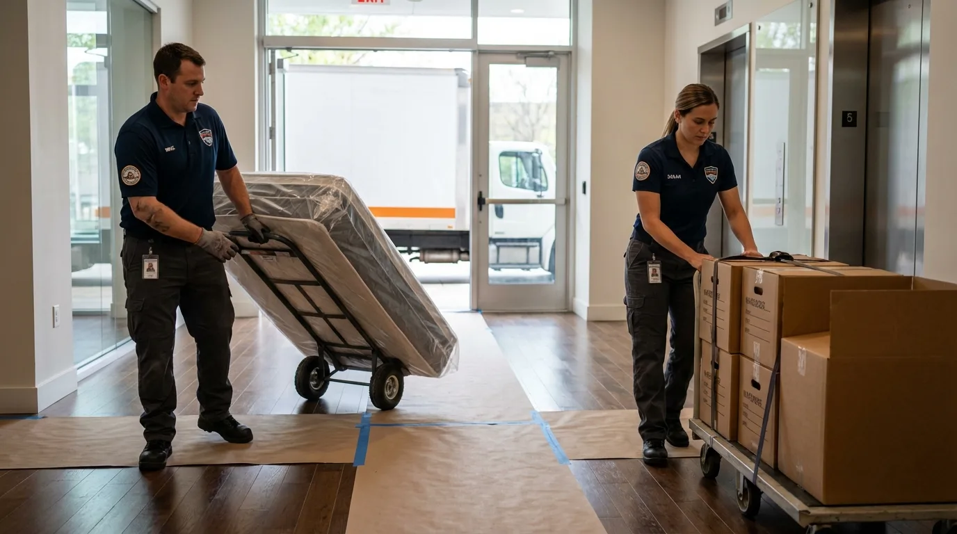 Professional apartment movers loading elevator in Kitty Hawk, NC