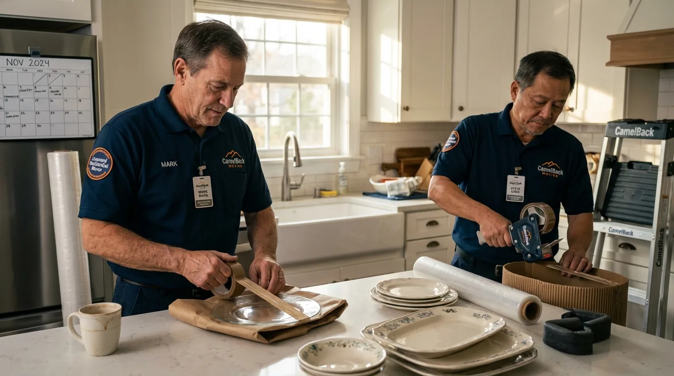 Professional crew packing kitchen dishware in Kitty Hawk, NC